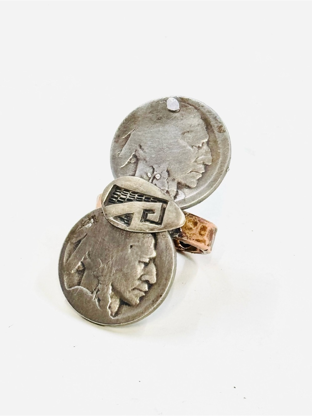 Vintage Native American Brass Band Double Buffalo Dime Statement Ring Adjustable